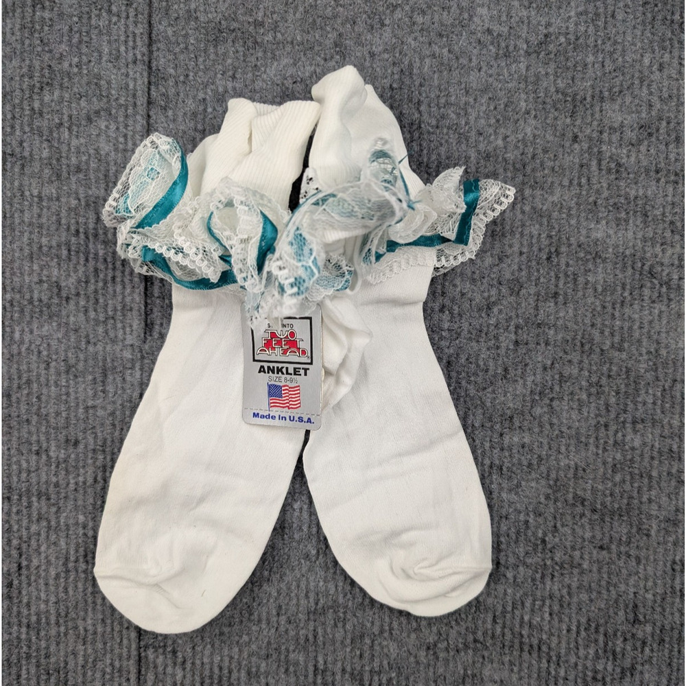 Vintage Nylon Socks Womens 8-9.5 Coquette Cream Teal Frilly Church Event Glam